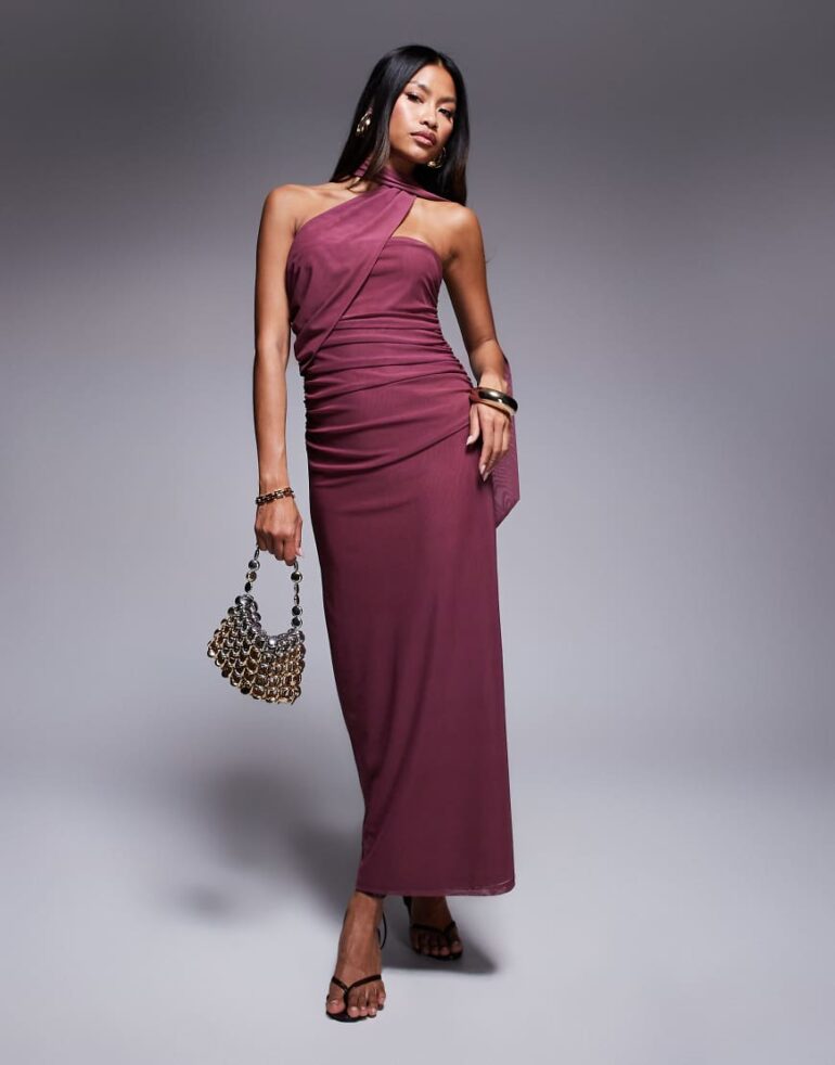 ASOS DESIGN bandeau mesh maxi dress with scarf detail in dusky pink