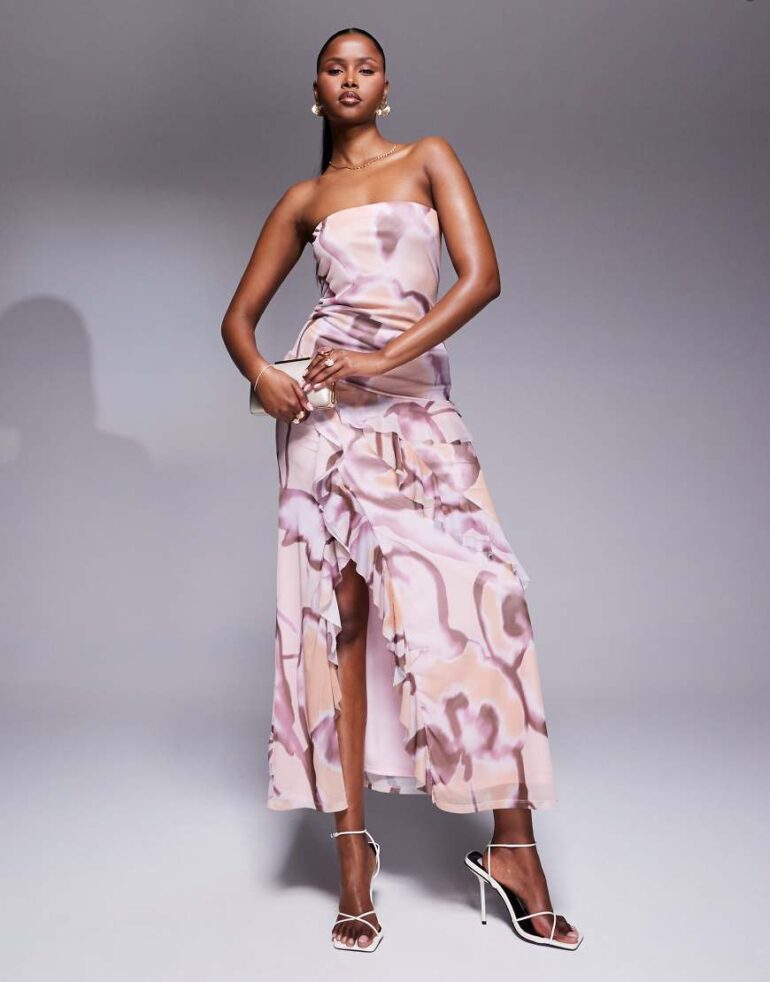 ASOS DESIGN bandeau midi dress with ruffle details in printed mesh-Multi
