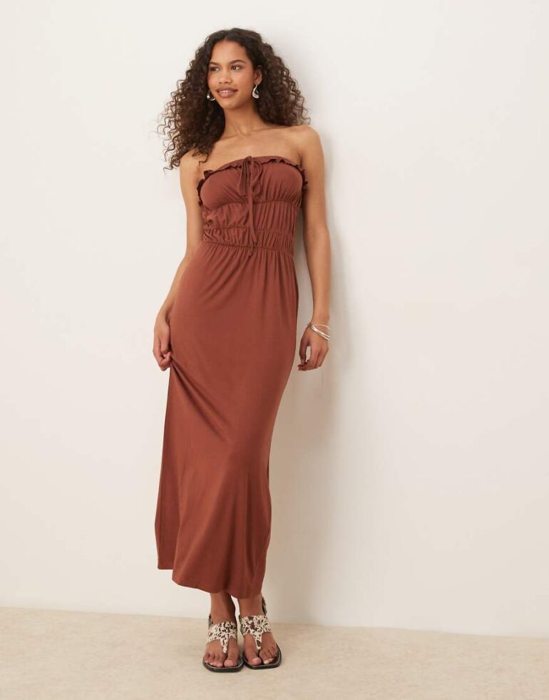 ASOS DESIGN bandeau ruffle tiered waist maxi dress in rust-Orange