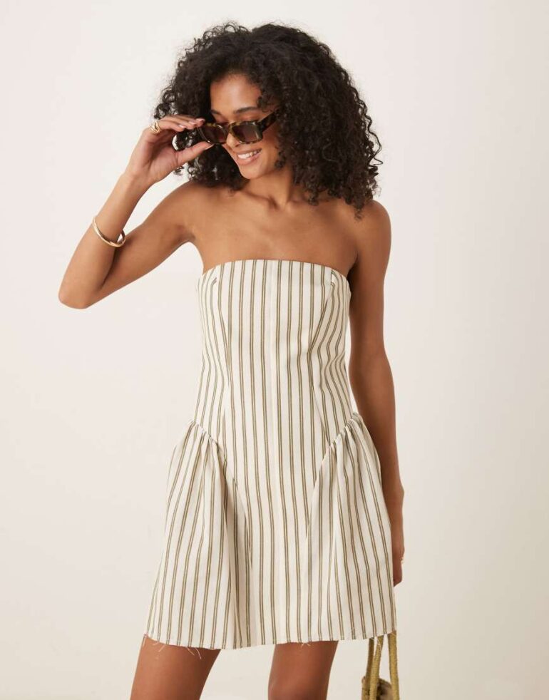 ASOS DESIGN bandeau structured bonded mini dress in natural stripe-Multi