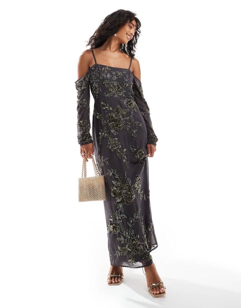 ASOS DESIGN bardot long sleeve embellished maxi dress in charcoal-Grey