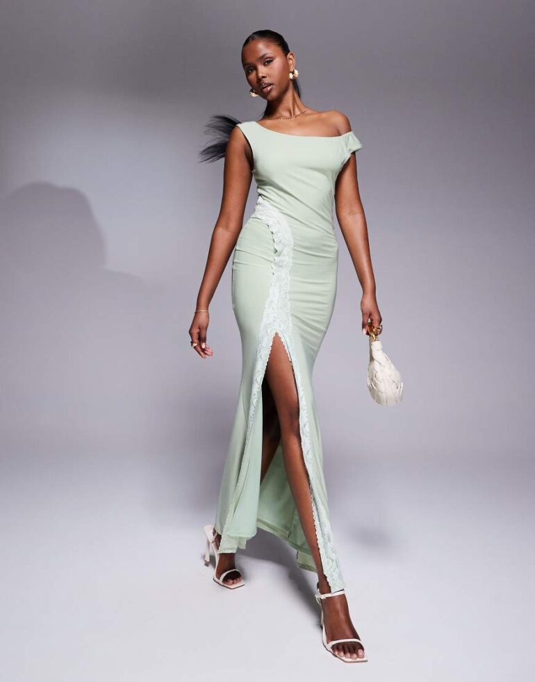 ASOS DESIGN bardot maxi dress with lace sides and split in sage green-Blue
