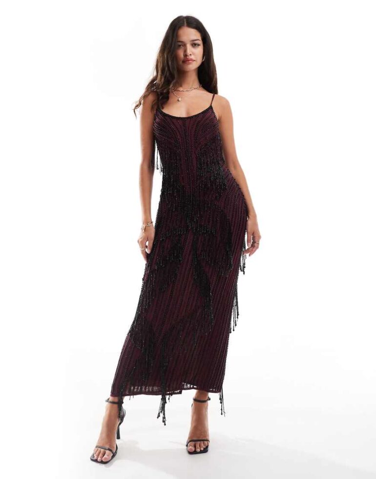 ASOS DESIGN beaded embellished cami maxi dress in burgundy-Red