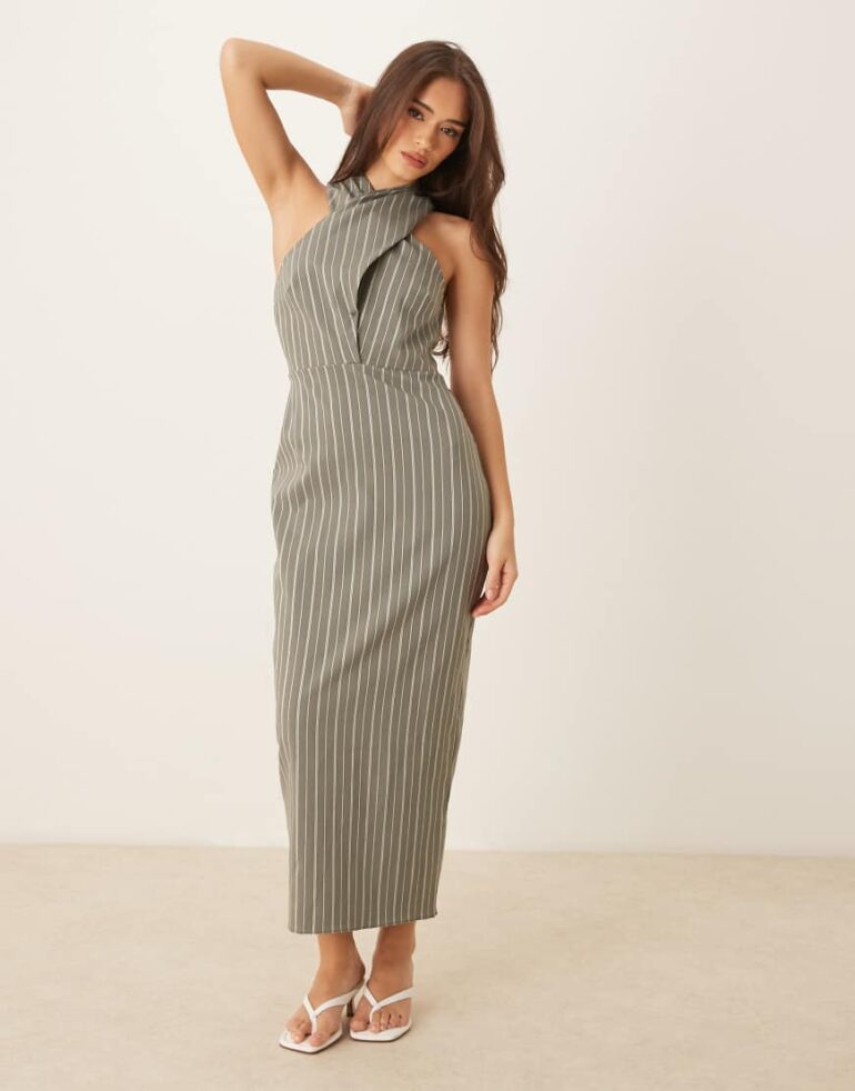 ASOS DESIGN bengaline cross neck midi column dress in stripe-Multi
