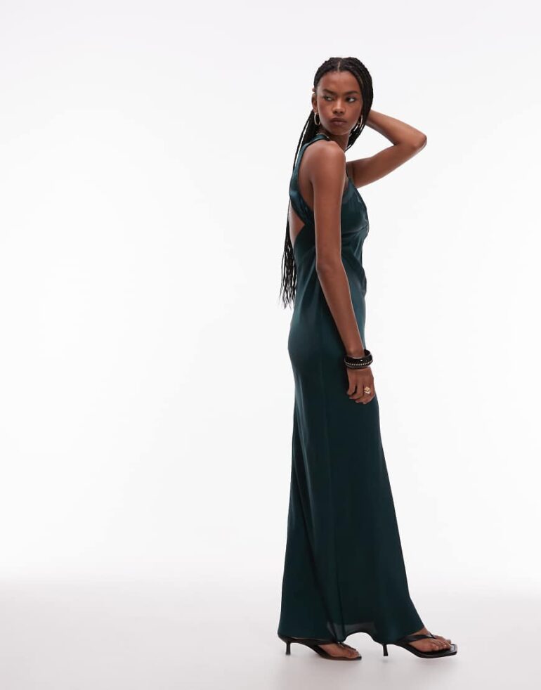 ASOS DESIGN bias cut satin panelled maxi dress with asymmetric back in dark green