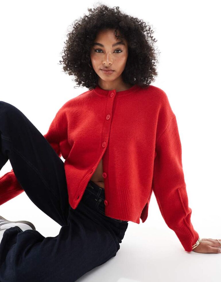 ASOS DESIGN boxy crew neck cardigan with side split detail in red