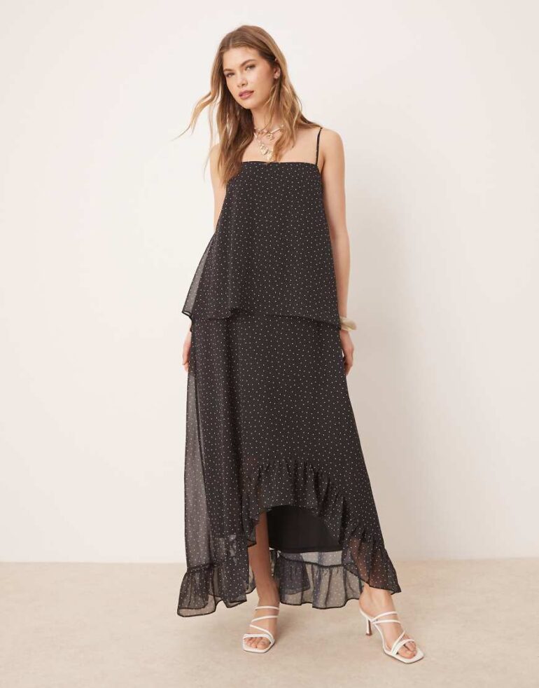 ASOS DESIGN cami chiffon frill hem maxi dress in black spot-Multi