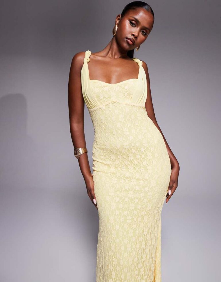 ASOS DESIGN cami lace maxi dress with overlayed mesh strap detail in yellow-No colour