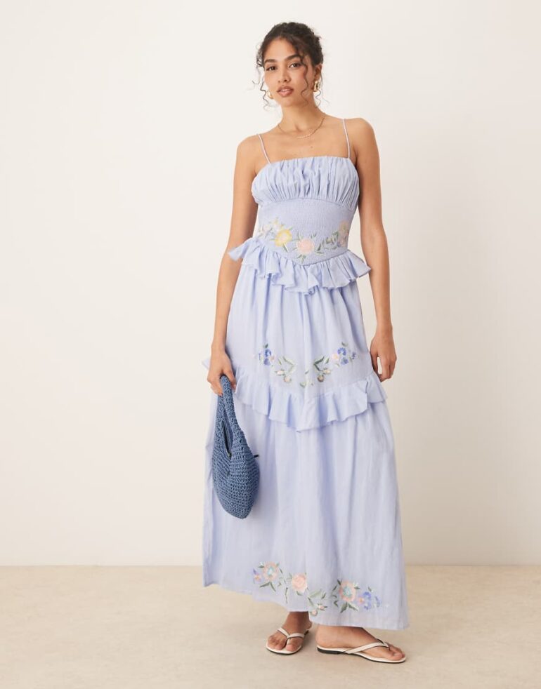 ASOS DESIGN cami maxi dress with shirred waist embroidery in blue