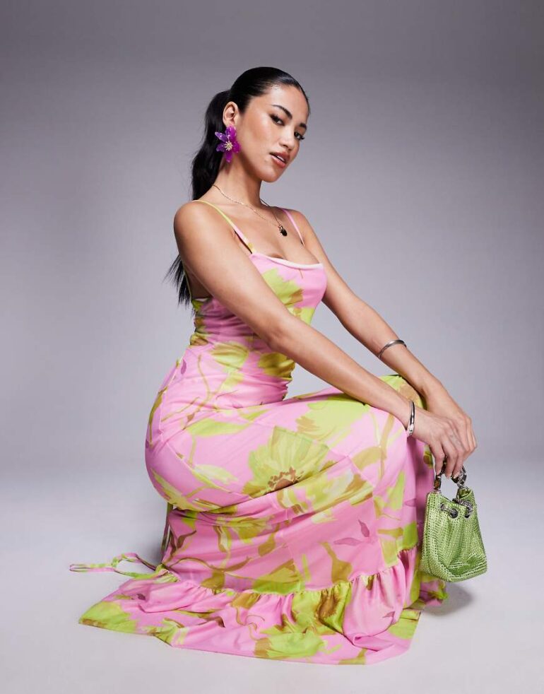 ASOS DESIGN cami strap with lace up back with frill detail maxi dress in bright floral print-Multi