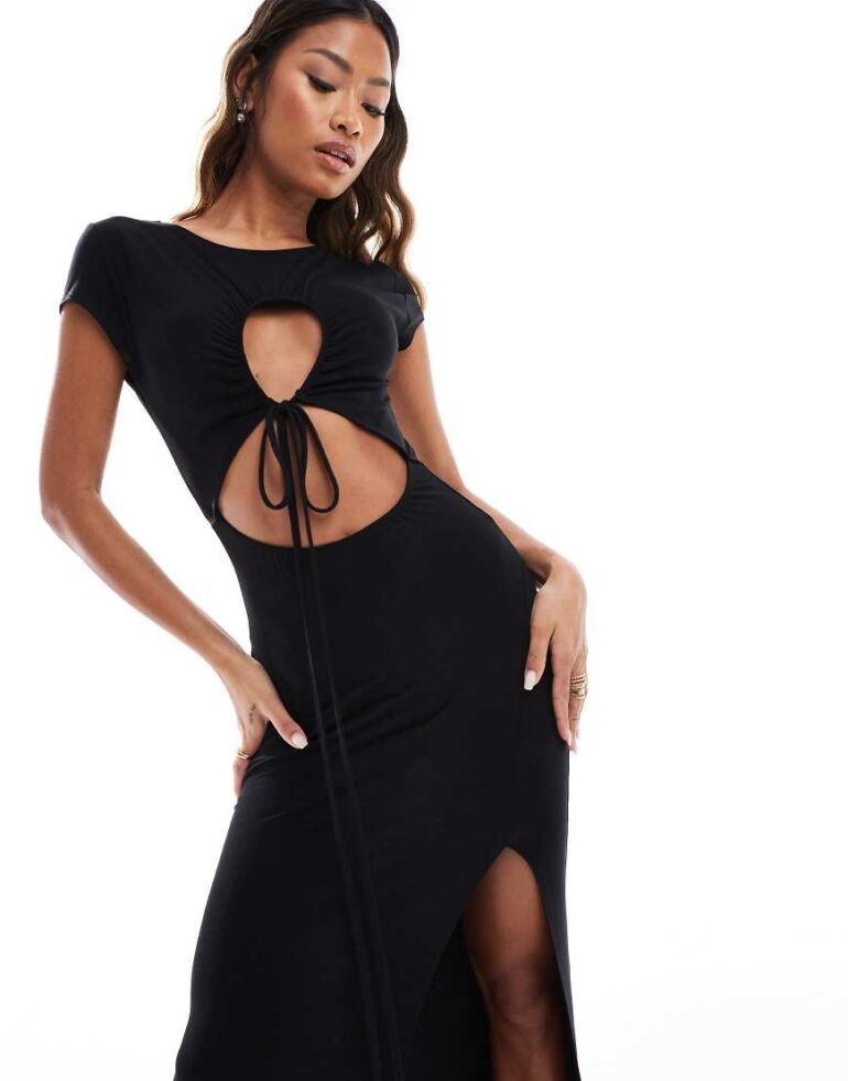 ASOS DESIGN cap sleeve ruched keyhole maxi dress with super strappy tie front in black
