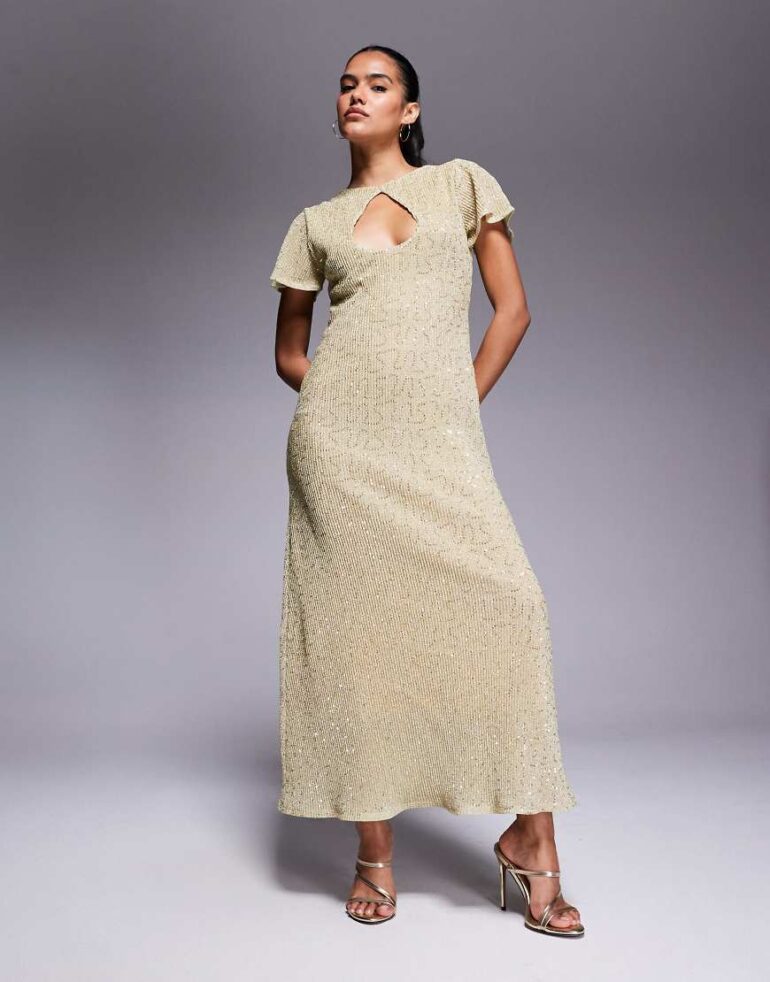 ASOS DESIGN cap sleeve with keyhole maxi dress in gold