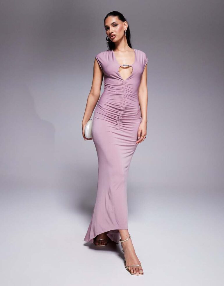 ASOS DESIGN cap sleeve with trim detail with ruching detail maxi dress in mauve-Pink