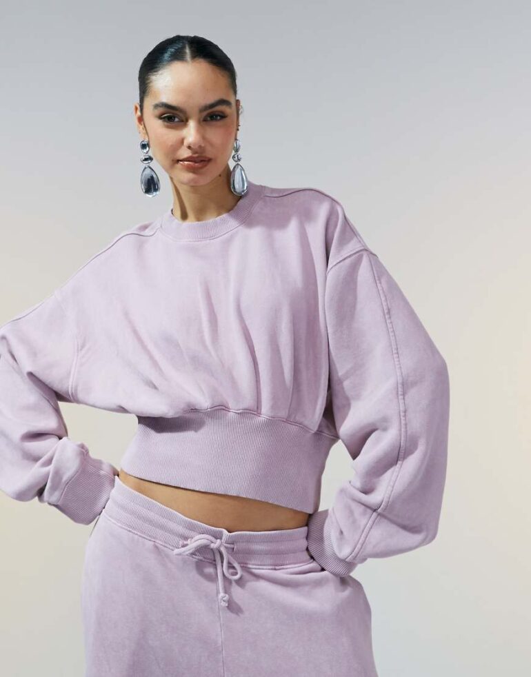 ASOS DESIGN co-ord oversized sweatshirt with rouched waist detail in washed mauve-Purple