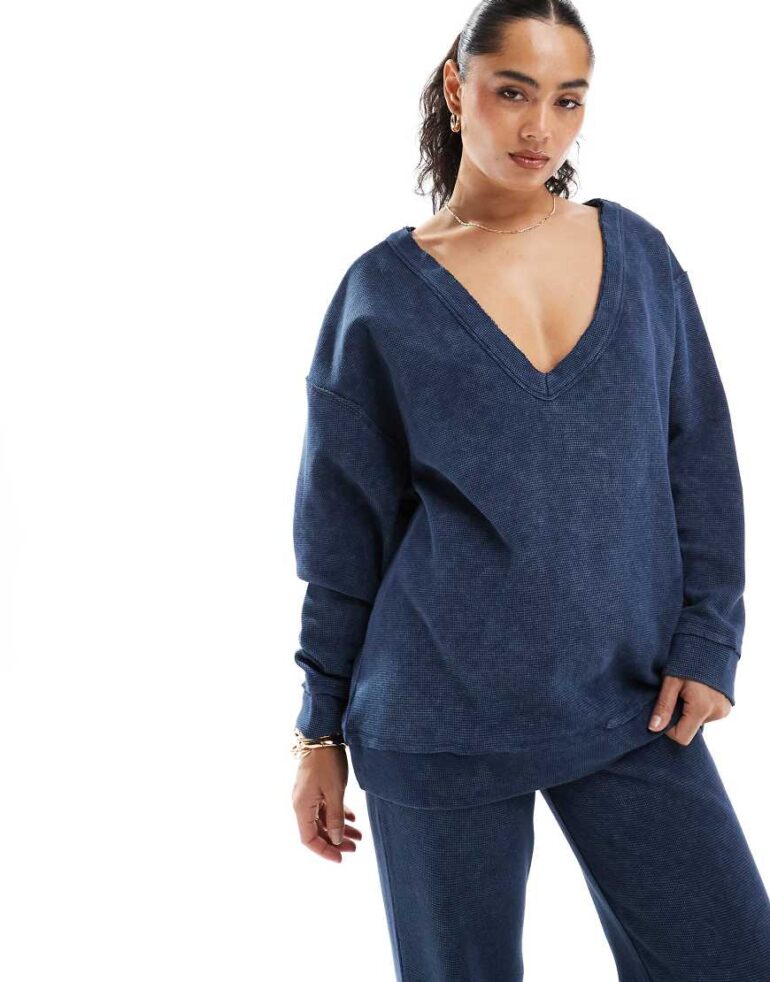 ASOS DESIGN co-ord waffle oversized off shoulder v neck sweatshirt in washed navy