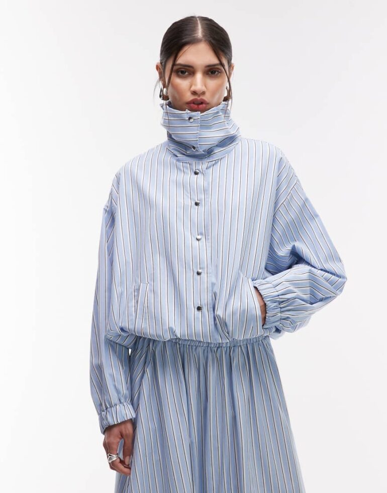 ASOS DESIGN collared button up shirt jacket in blue stripe-Multi