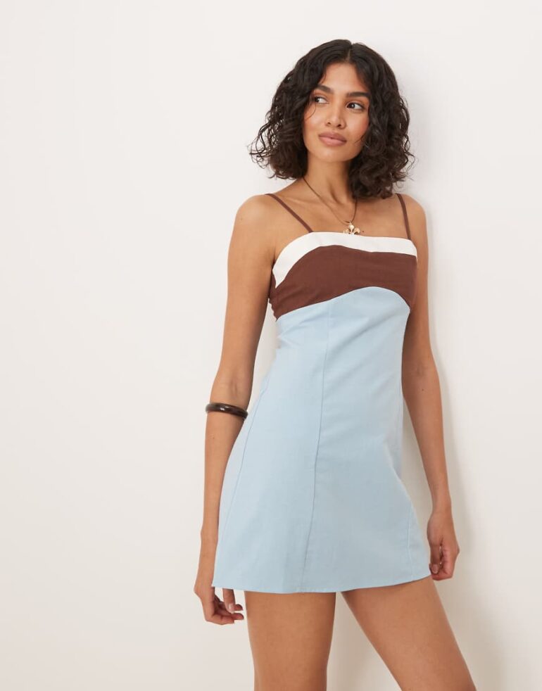 ASOS DESIGN cotton linen colour block cami mini dress in blue colour block