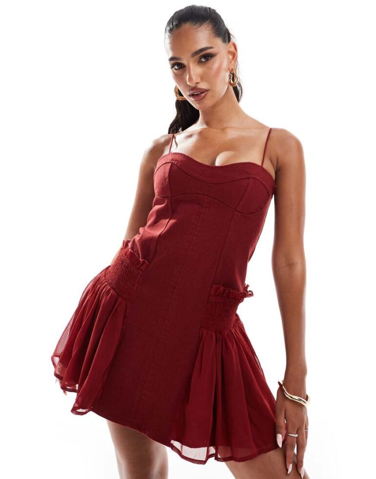 ASOS DESIGN cotton twill super mini dress with georgette shirred skirt overlay in red-White