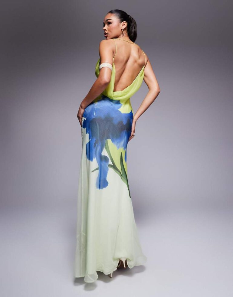 ASOS DESIGN cowl neck plunge maxi dress with back detail in placement floral print-Multi
