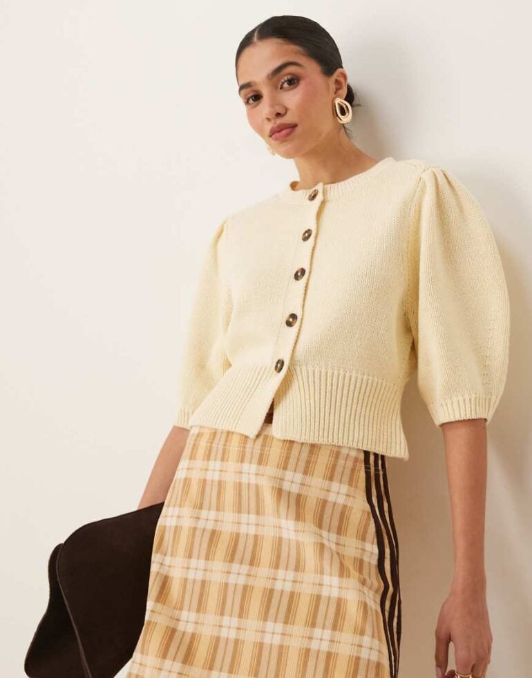 ASOS DESIGN crew neck cardigan with puff sleeve in buttermilk-Yellow