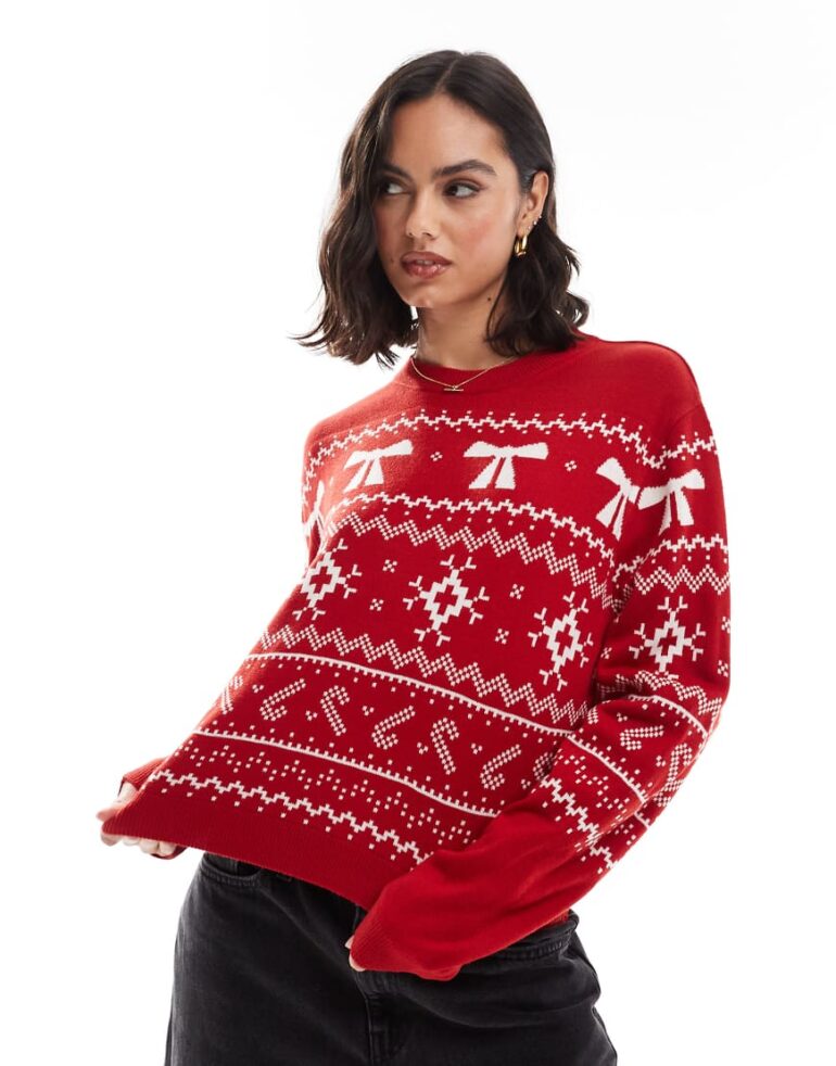 ASOS DESIGN crew neck christmas jumper with fairisle pattern in red and cream-Multi