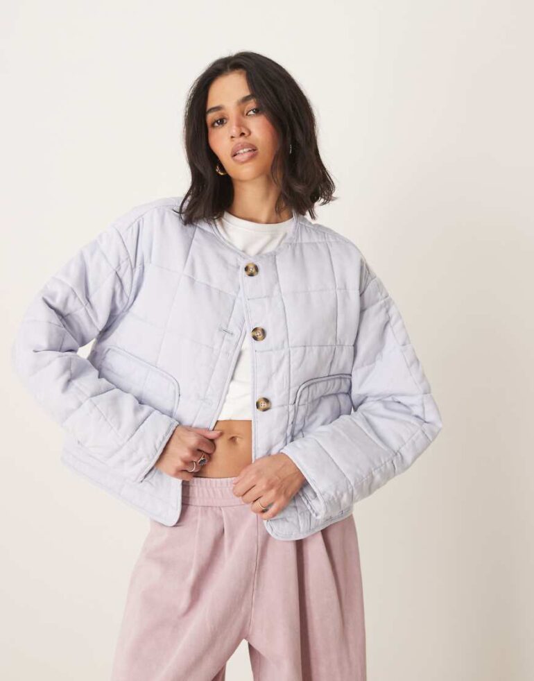 ASOS DESIGN crop collarless quilted jacket in pale blue-No colour