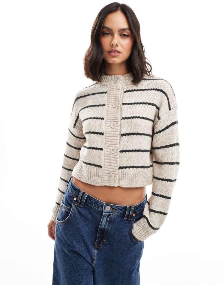 ASOS DESIGN crop crew neck cardigan in cream stripe-Multi
