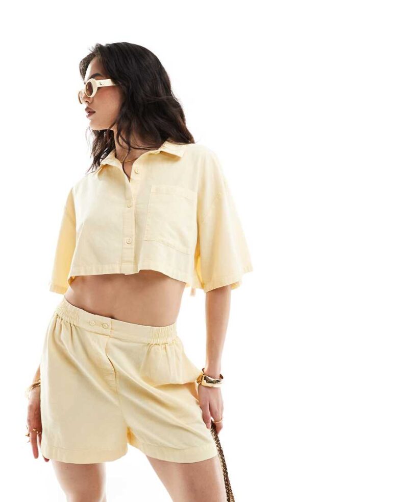 ASOS DESIGN cropped shirt with linen in washed buttermilk co-ord-Neutral