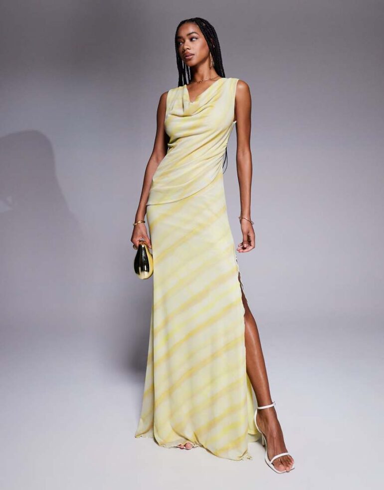ASOS DESIGN deep cowl with twisted strap mesh maxi dress in striped print-Multi