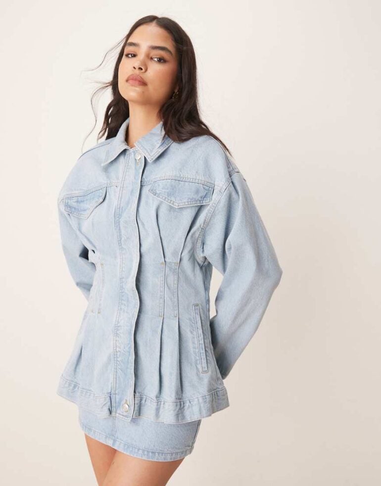 ASOS DESIGN denim premium jacket with cinched waist in lightwash co-ord-Blue
