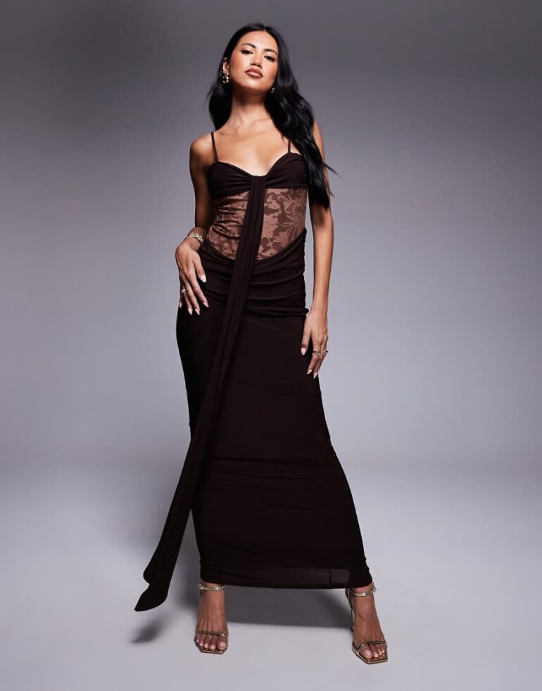 ASOS DESIGN devore hybrid slinky maxi dress in chocolate-Brown