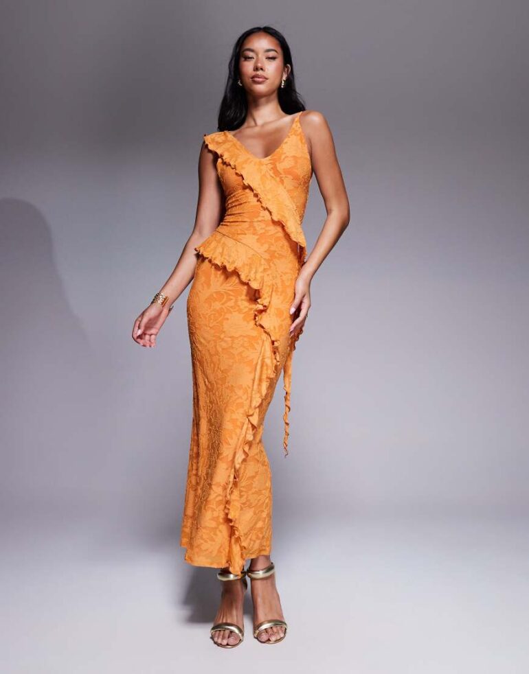 ASOS DESIGN devore ruffle strappy back maxi dress in orange