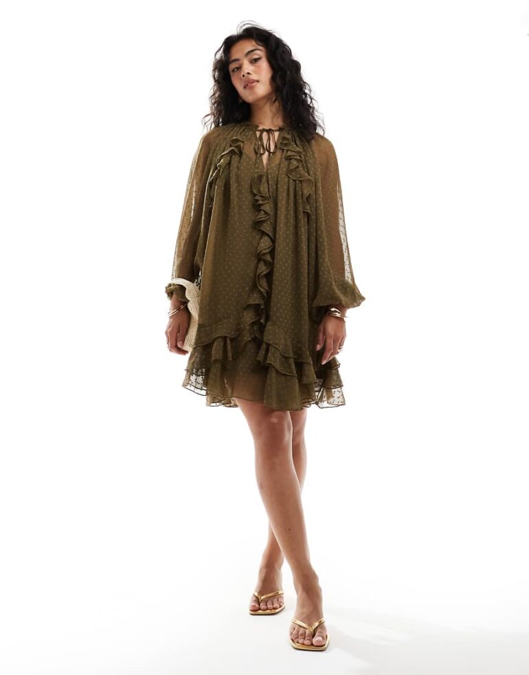 ASOS DESIGN dobby chiffon mini dress with ruffles & blouson sleeve in dark green-Blue