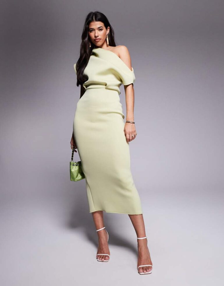 ASOS DESIGN dramatic neckline scuba midi dress in sage green-Neutral