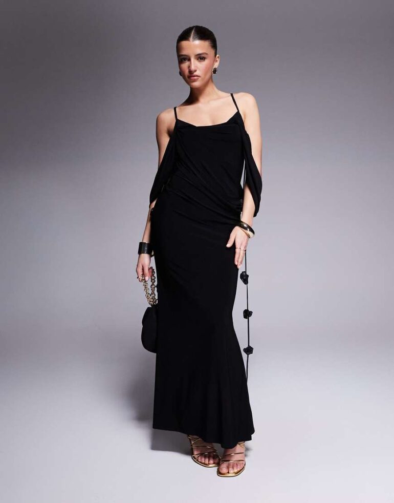 ASOS DESIGN draped bardot layered neckline midi dress with flower trims in black