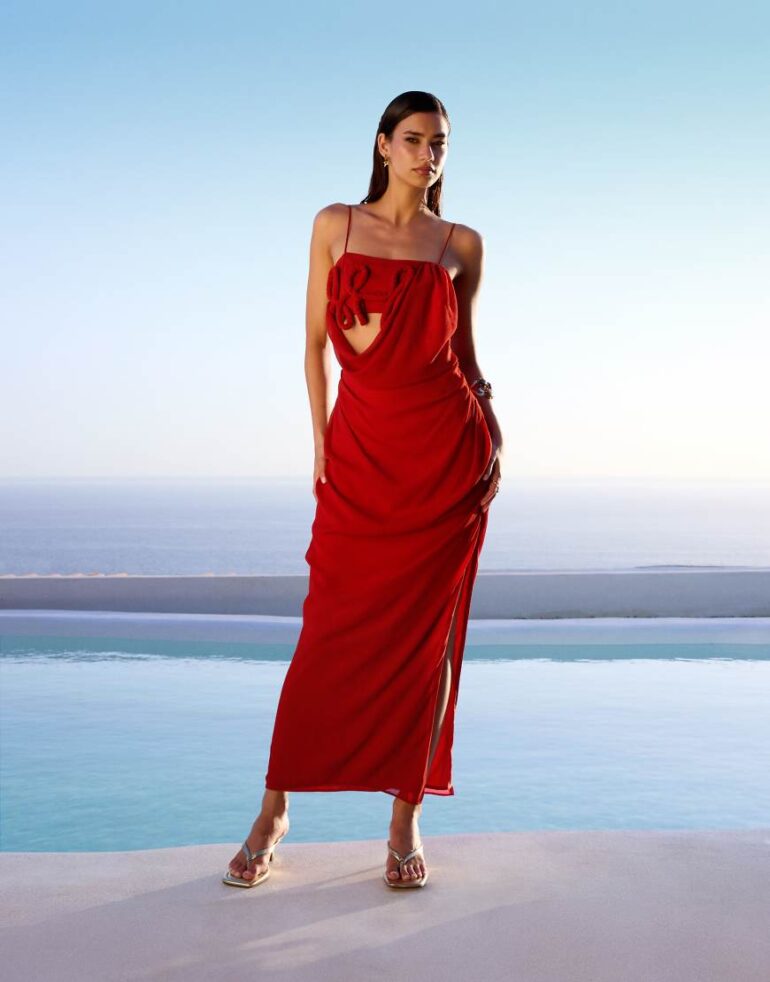 ASOS DESIGN draped cami maxi dress with 3d floral detail in burnt red