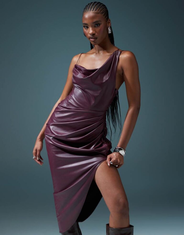 ASOS DESIGN draped one shoulder PU cami wrap midi dress in burgundy-Red