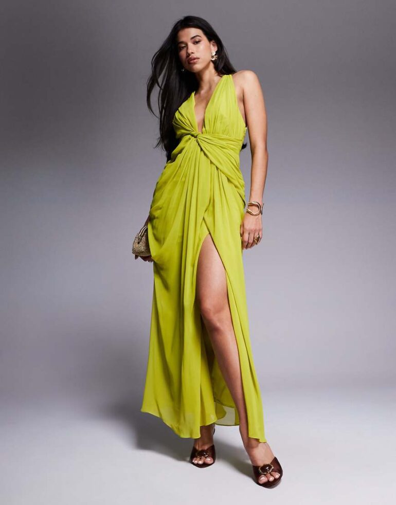 ASOS DESIGN draped plunge maxi dress with wrap detail in lime green