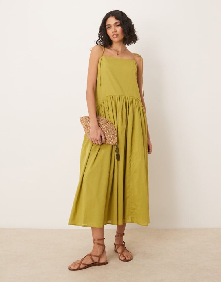 ASOS DESIGN dropped waist maxi dress in olive-Green