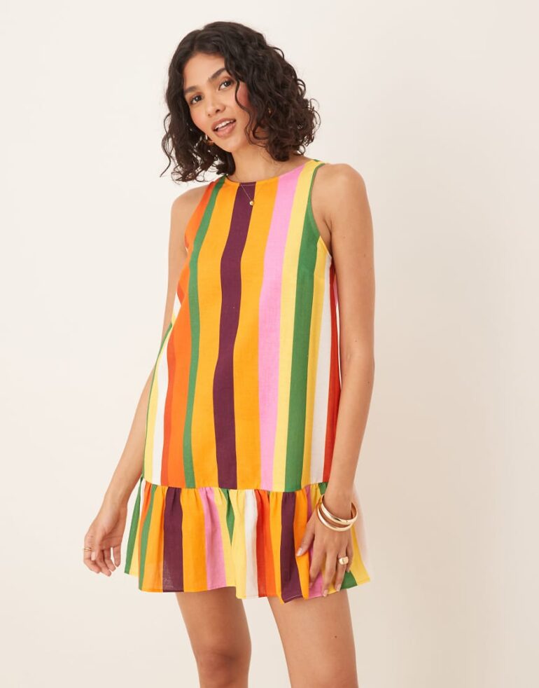 ASOS DESIGN dropped waist shift mini dress with scoop back in stripe-Multi
