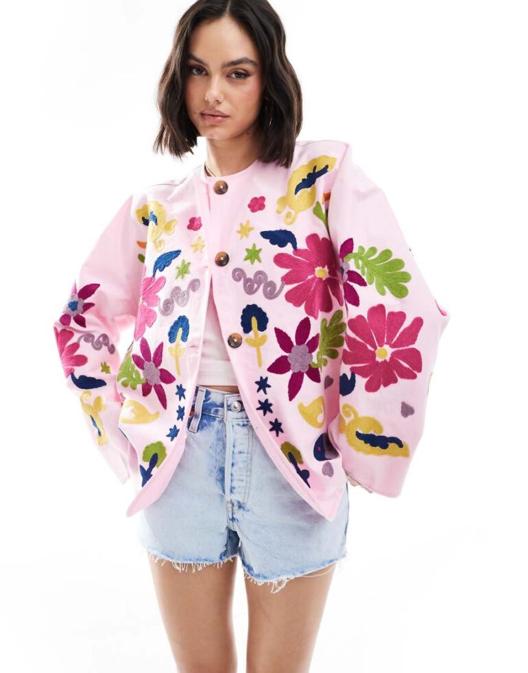 ASOS DESIGN embroidered collarless washed jacket in pink