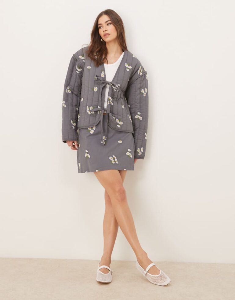 ASOS DESIGN embroidered mini skirt in washed grey