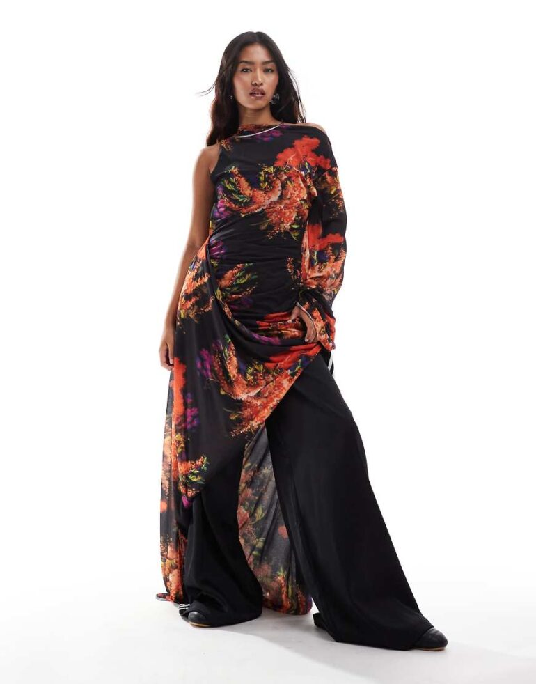 ASOS DESIGN evening dress with extreme draping in oversized floral print-Multi