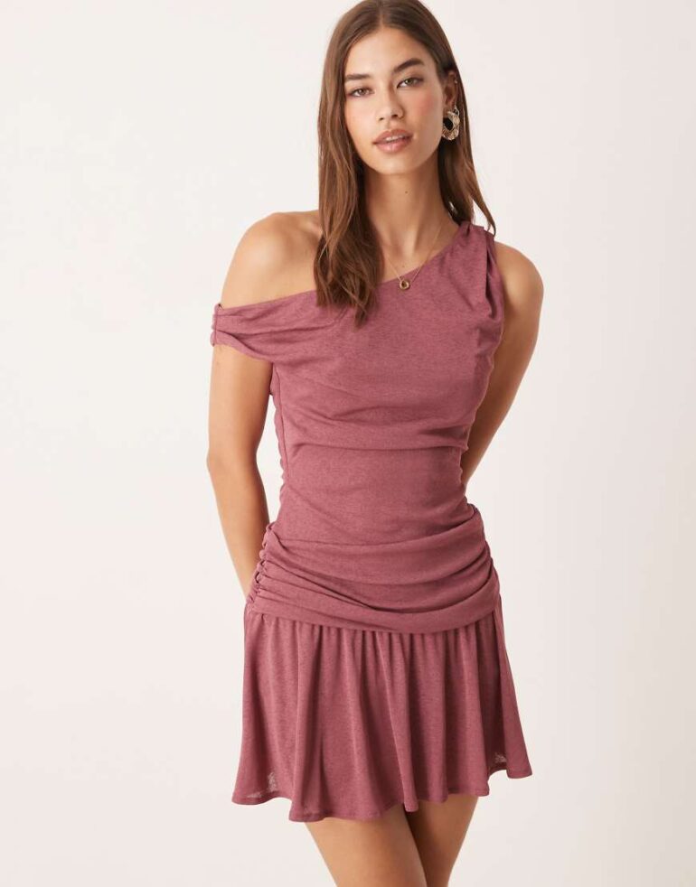 ASOS DESIGN fallen shoulder flippy mini dress in mulberry-Multi