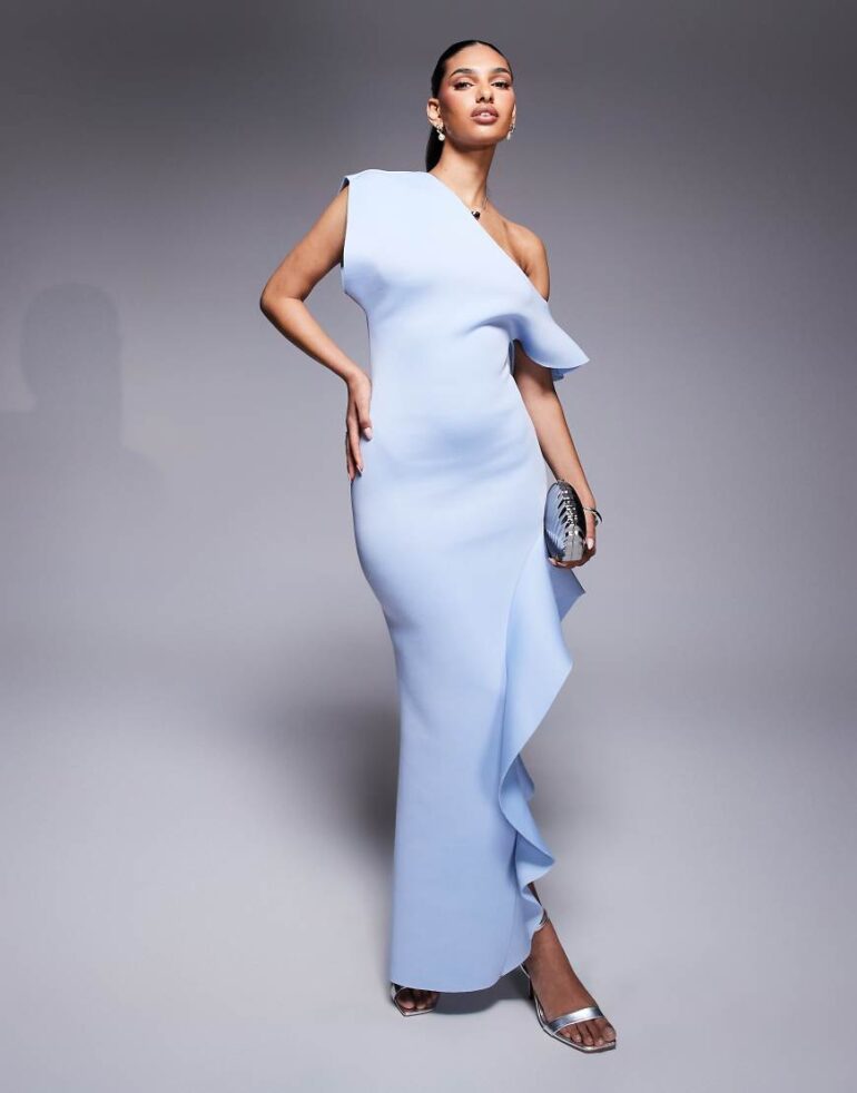 ASOS DESIGN fallen shoulder with frill split detail maxi dress in light blue