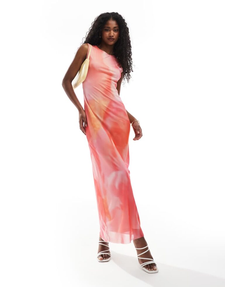 ASOS DESIGN floral placement slash neck mesh maxi dress in multi-Pink