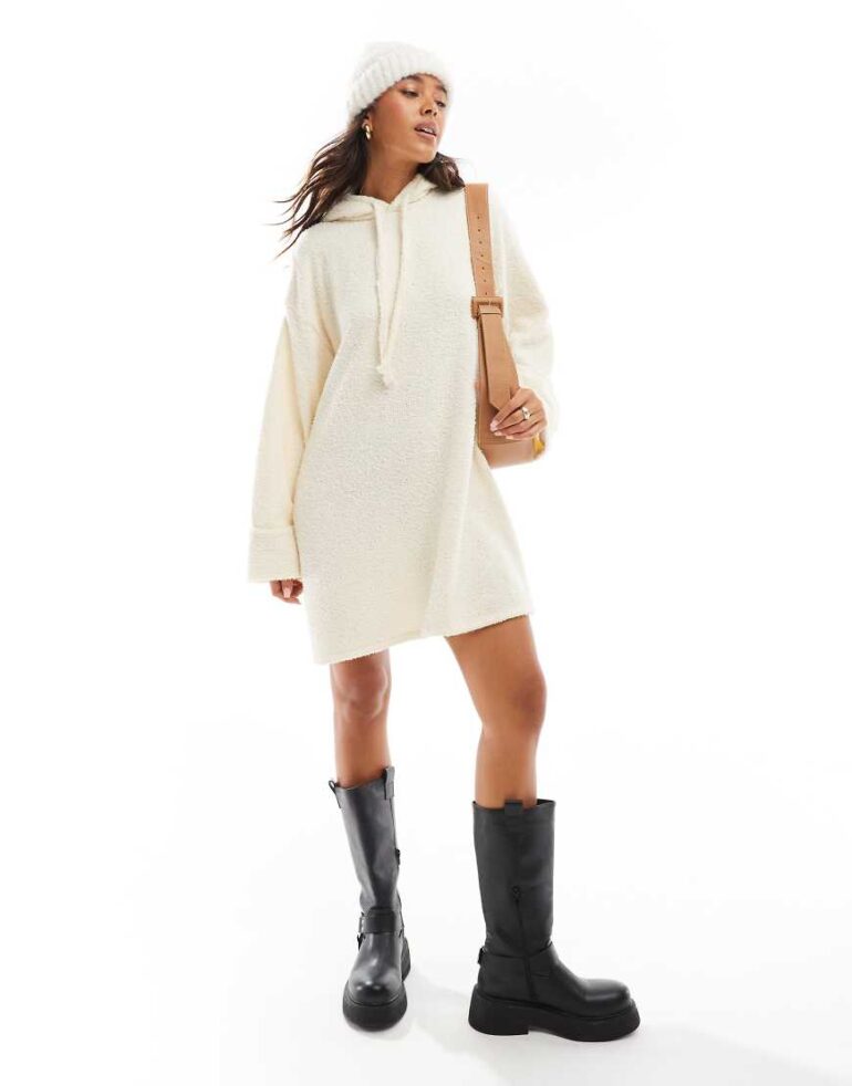 ASOS DESIGN fluffy boxy slouched hoodie mini dress in cream-White