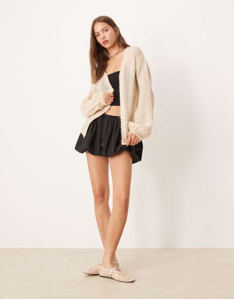 ASOS DESIGN fluffy knit cardigan with balloon sleeve in ecru-White