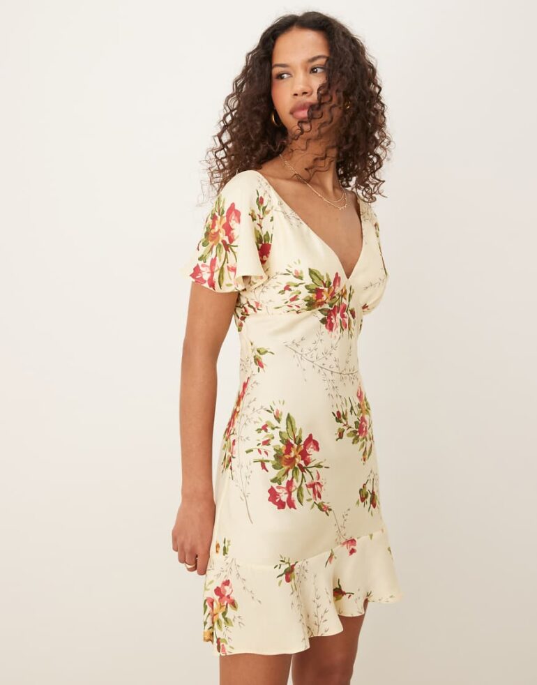 ASOS DESIGN flutter sleeve mini dress in floral print-Multi