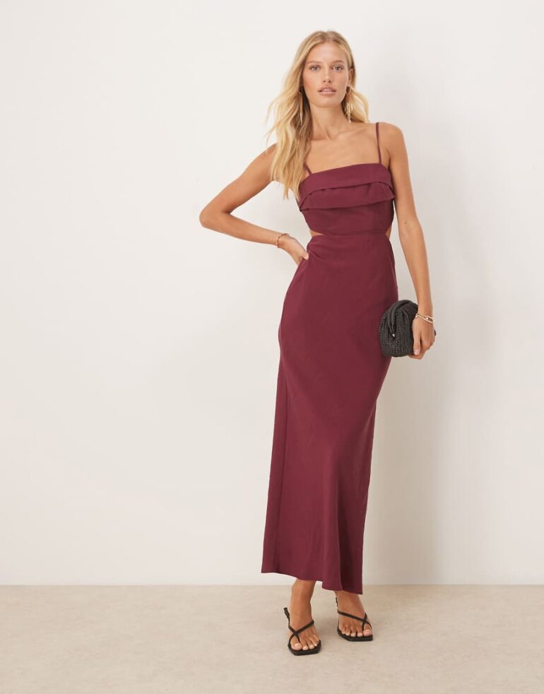 ASOS DESIGN folded bust detail cut out midi slip dress in cherry red